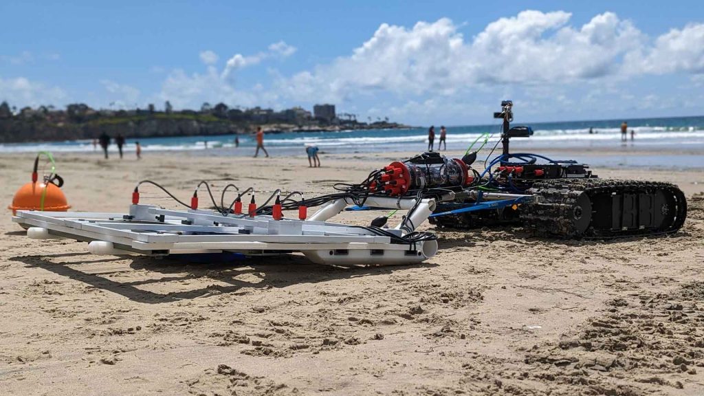 Bayonet 250 with APEX sensor sled attached, used for UXO survey to locate unexploded ordinance in the surf zone.